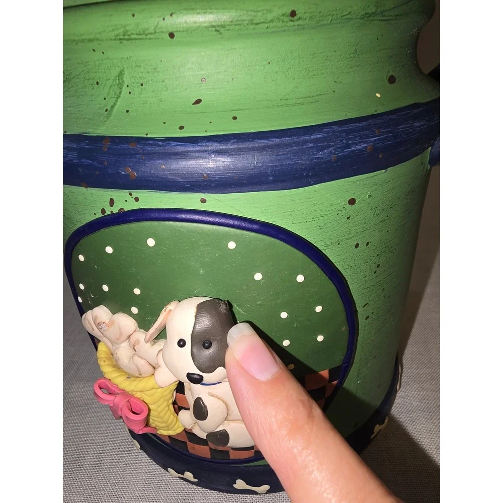 New Debco Intl Dog Treat Jar Green Blue Ceramic Puppy Figurine Lid OS SEE PHOTO